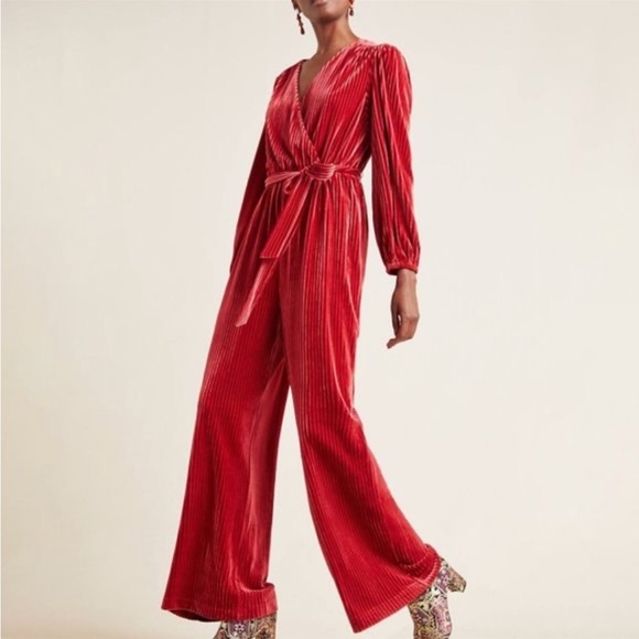 Anthropologie Pants - Anthropologie Ali & Jay Samantha Red Velvet Wide Leg Tapered Jumpsuit Size M